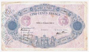 Billet 500 francs Bleu et Rose 19 octobre 1939