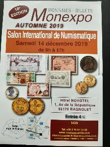Samedi 14 décembre 2019 : 18ème Salon Numismatique Monexpo à BAGNOLET (93 170)