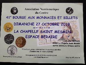 Dimanche 27 octobre 2019 : 41ème bourse aux monnaies de LA CHAPELLE SAINT MESMIN (45 380)